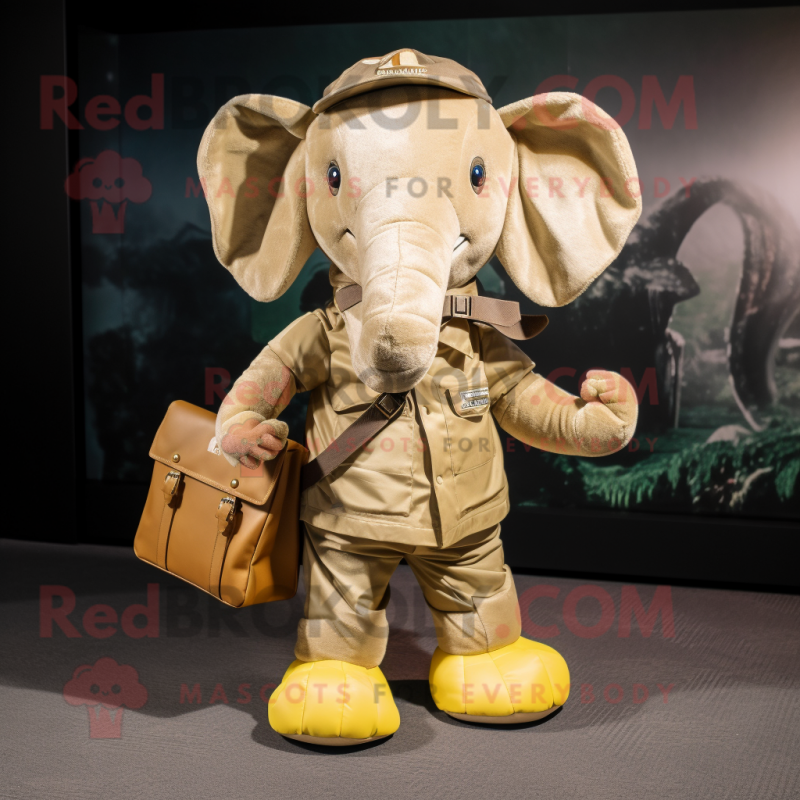 Gold Elephant mascot costume character dressed with a Cargo Shorts and Clutch bags