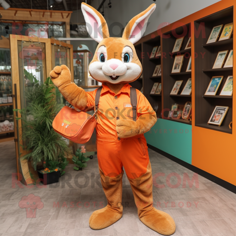 Orange Wild Rabbit mascot costume character dressed with a Jumpsuit and Handbags