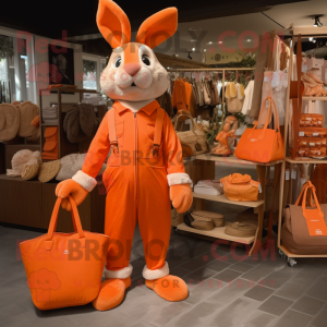 Orange Wild Rabbit mascot costume character dressed with a Jumpsuit and Handbags