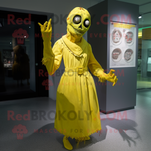 Lemon Yellow Undead mascot costume character dressed with a Wrap Dress and Foot pads
