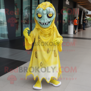 Lemon Yellow Undead mascot costume character dressed with a Wrap Dress and Foot pads