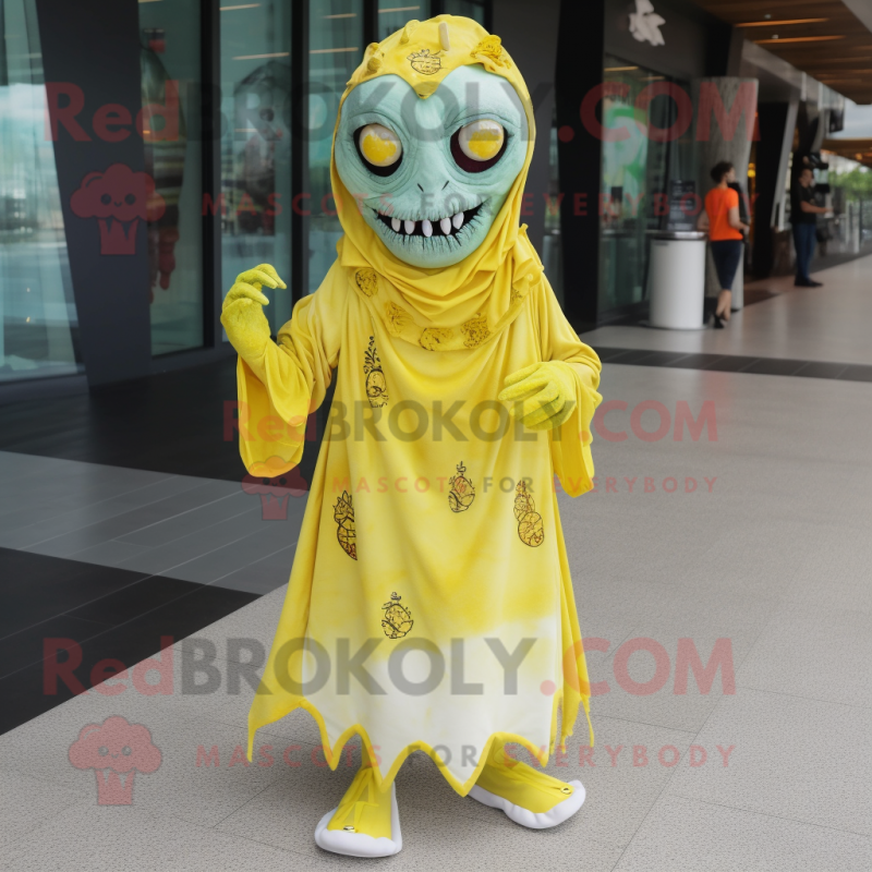 Lemon Yellow Undead mascot costume character dressed with a Wrap Dress and Foot pads Lemon Yellow Undead mascot costume character dressed with a Wrap Dress and Foot pads