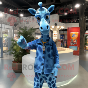 Blue Giraffe mascot costume character dressed with a Button-Up Shirt and Keychains