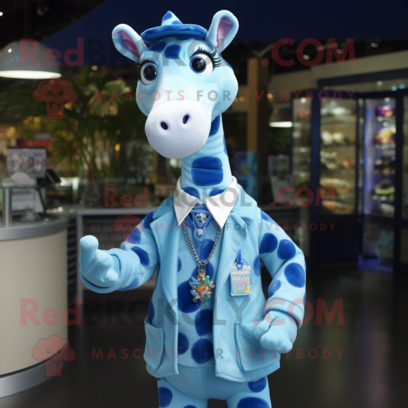 Blue Giraffe mascot costume character dressed with a Button-Up Shirt and Keychains