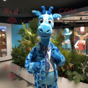 Blue Giraffe mascot costume character dressed with a Button-Up Shirt and Keychains