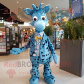 Blue Giraffe mascot costume character dressed with a Button-Up Shirt and Keychains