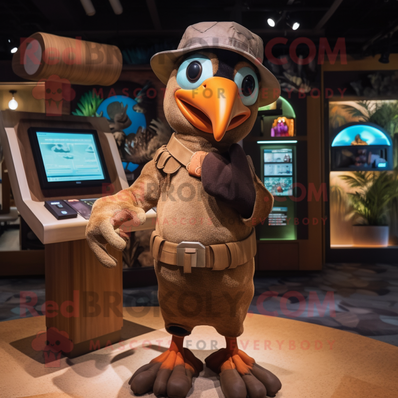 Brown Toucan mascot costume character dressed with a Playsuit and Caps Brown Toucan mascot costume character dressed with a Playsuit and Caps