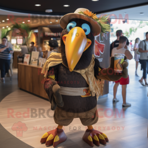 Brown Toucan mascot costume character dressed with a Playsuit and Caps