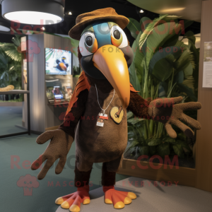 Brown Toucan mascot costume character dressed with a Playsuit and Caps