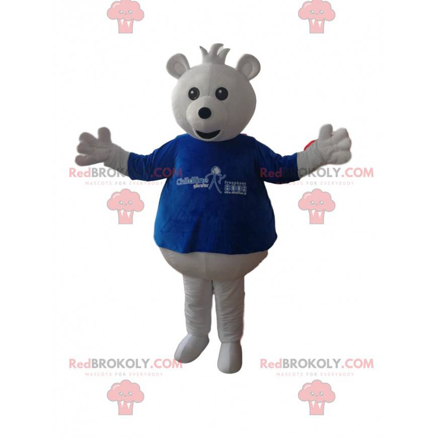 Mascotte d'ourson blanc avec un t-shirt bleu - Redbrokoly.com