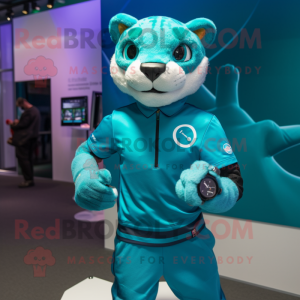 Teal Puma mascot costume character dressed with a Playsuit and Smartwatches