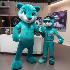 Teal Puma mascot costume character dressed with a Playsuit and Smartwatches