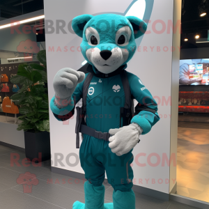 Teal Puma mascot costume character dressed with a Playsuit and Smartwatches