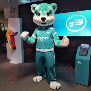 Teal Puma mascot costume character dressed with a Playsuit and Smartwatches