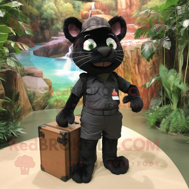 Black Cat mascot costume character dressed with a Cargo Shorts and Briefcases Black Cat mascot costume character dressed with a Cargo Shorts and Briefcases
