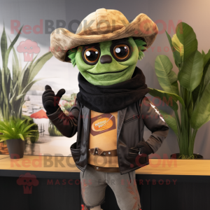 Olive Fajitas mascot costume character dressed with a Leather Jacket and Shawl pins