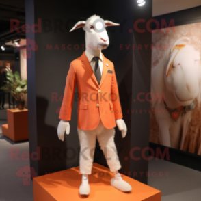 Peach Goat mascot costume character dressed with a Suit Jacket and Cummerbunds