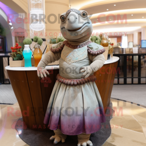 Tan Glyptodon mascot costume character dressed with a Cocktail Dress and Bracelets