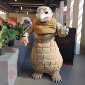 Tan Glyptodon mascot costume character dressed with a Cocktail Dress and Bracelets