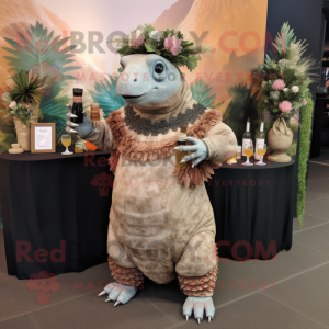 Tan Glyptodon mascot costume character dressed with a Cocktail Dress and Bracelets