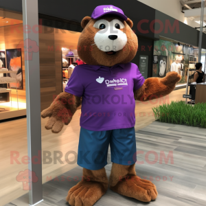 Purple Beaver mascot costume character dressed with a Polo Shirt and Messenger bags