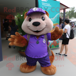 Purple Beaver mascot costume character dressed with a Polo Shirt and Messenger bags