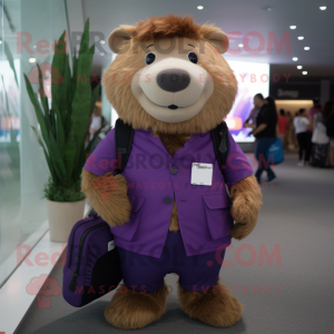 Purple Beaver mascot costume character dressed with a Polo Shirt and Messenger bags