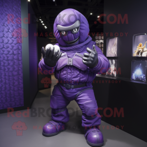 Purple Grenade mascot costume character dressed with a Romper and Gloves
