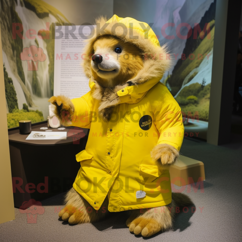 Lemon Yellow Marmot mascot costume character dressed with a Parka and Brooches