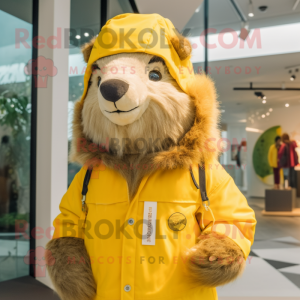 Lemon Yellow Marmot mascot costume character dressed with a Parka and Brooches