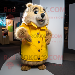 Lemon Yellow Marmot mascot costume character dressed with a Parka and Brooches