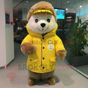 Lemon Yellow Marmot mascot costume character dressed with a Parka and Brooches