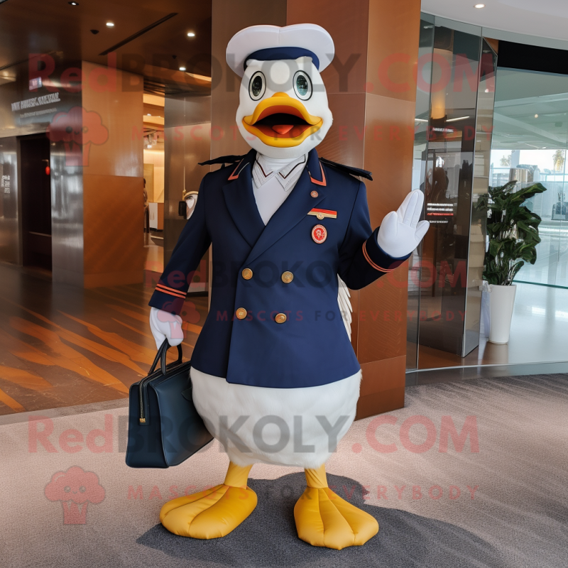 Navy Geese mascot costume character dressed with a Suit and Clutch bags Navy Geese mascot costume character dressed with a Suit and Clutch bags