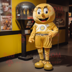 Gold Gumball Machine mascot costume character dressed with a T-Shirt and Shoe laces