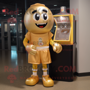 Gold Gumball Machine mascot costume character dressed with a T-Shirt and Shoe laces