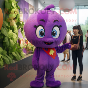 Purple Plum mascot costume character dressed with a Playsuit and Hairpins