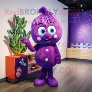 Purple Plum mascot costume character dressed with a Playsuit and Hairpins