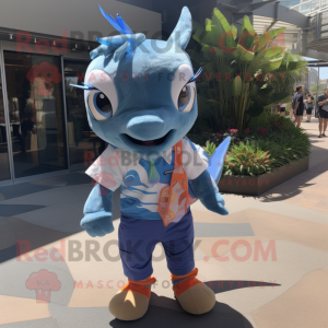 Blue Swordfish mascot costume character dressed with a Button-Up Shirt and Hair clips