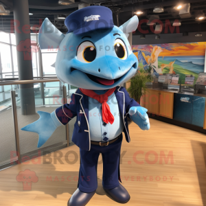 Blue Swordfish mascot costume character dressed with a Button-Up Shirt and Hair clips