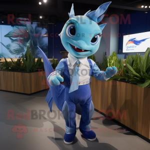 Blue Swordfish mascot costume character dressed with a Button-Up Shirt and Hair clips