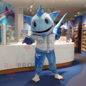 Blue Swordfish mascot costume character dressed with a Button-Up Shirt and Hair clips