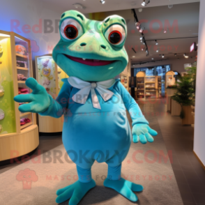 Turquoise Frog mascot costume character dressed with a Sheath Dress and Mittens