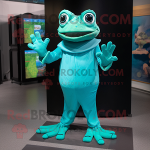 Turquoise Frog mascot costume character dressed with a Sheath Dress and Mittens