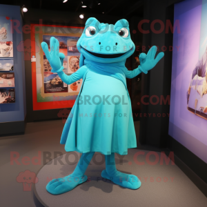 Turquoise Frog mascot costume character dressed with a Sheath Dress and Mittens