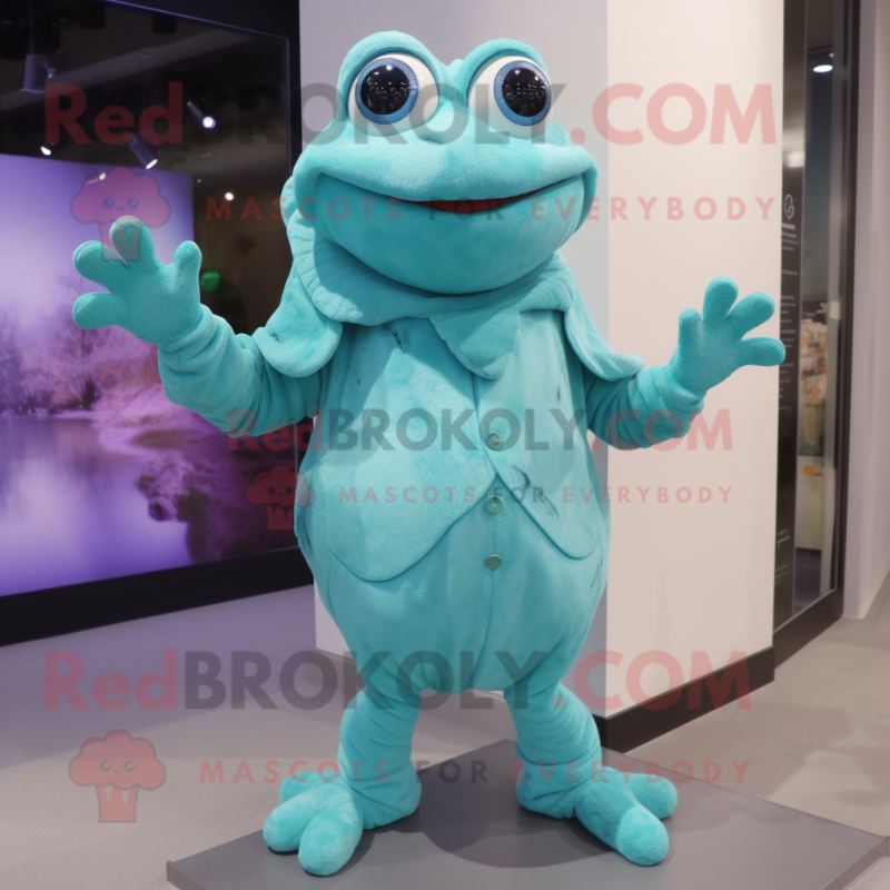 Turquoise Frog mascot costume character dressed with a Sheath Dress and Mittens