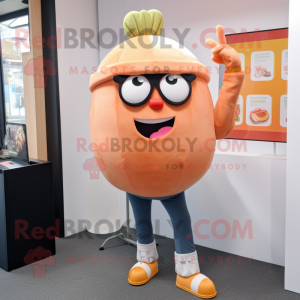 Peach Burgers mascot costume character dressed with a Skinny Jeans and Tie pins