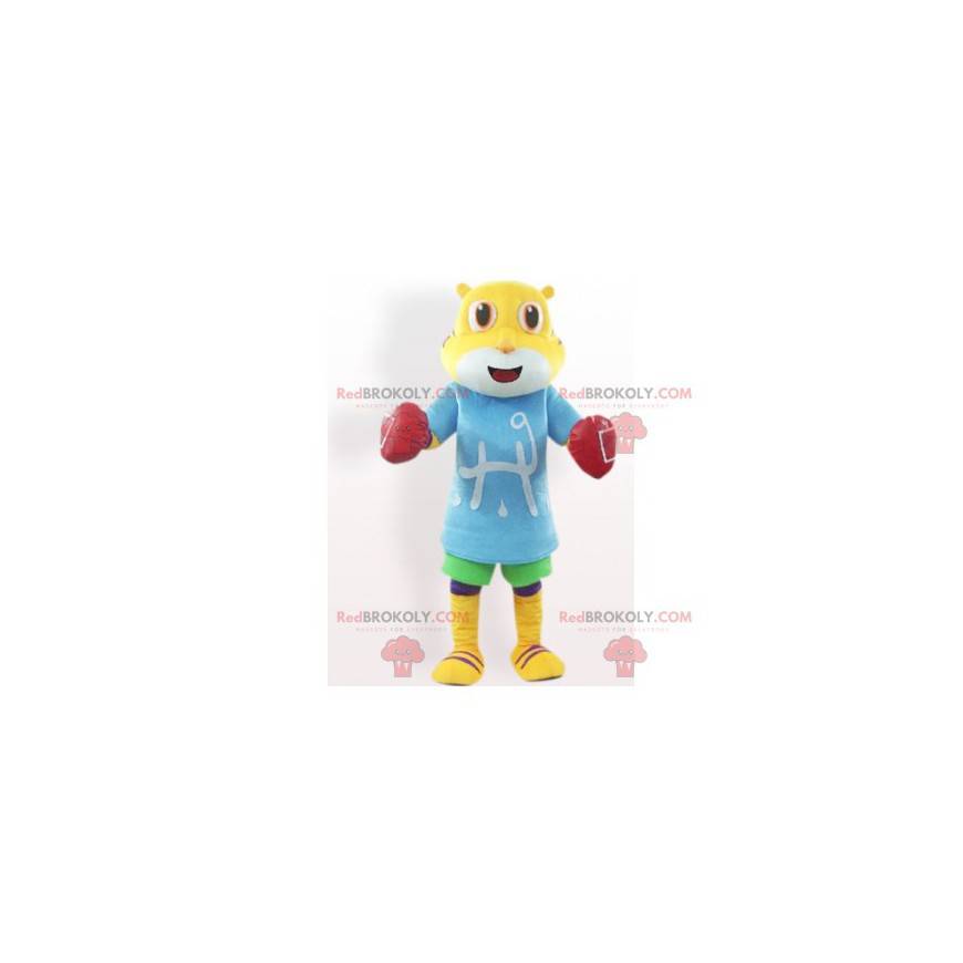 Mascotte de petit tigre jaune avec des gants de boxe -