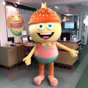 Peach Burgers mascot costume character dressed with a Skinny Jeans and Tie pins