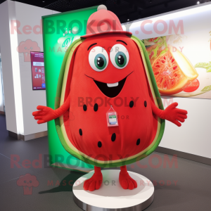 Red Melon mascot costume character dressed with a Board Shorts and Shawl pins