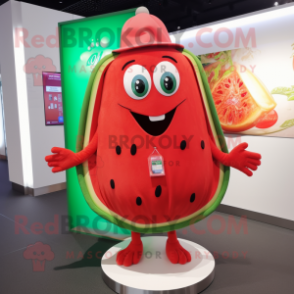 Red Melon mascot costume character dressed with a Board Shorts and Shawl pins